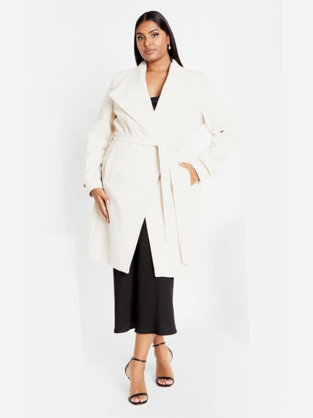 City Chic Beige Wrap Coat with Satin Lining